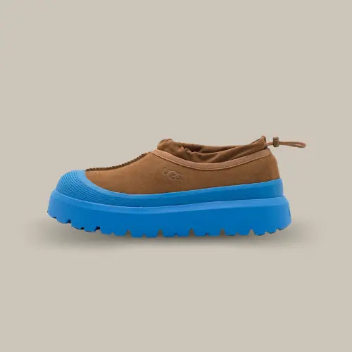 UGG Tasman Weather Hybrid Slipper Chestnut Big Sky vue latérale – silhouette unisexe marron avec semelle bleue vive, sneaker innovante en vente sur Offsneakz.